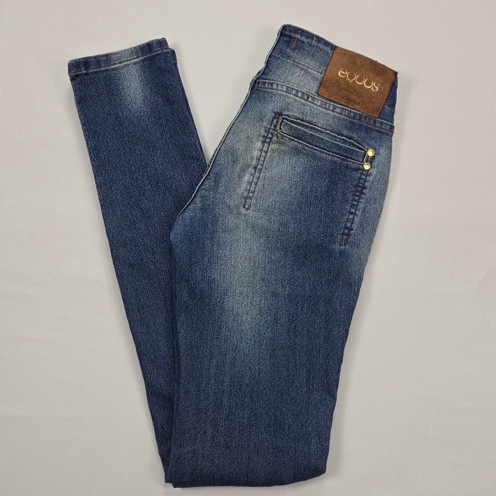 EQQOS Jeans Style Women's Size 6 Blue Denim Skinny Pants Gold Button Detail